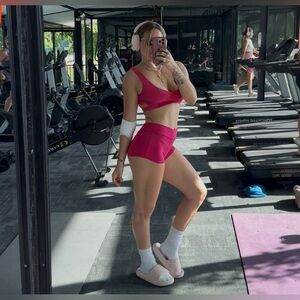 Hot Pink Super Soft Ohm Yogi Yoga Dance Two Piece Shorts Set Crossed Back Top